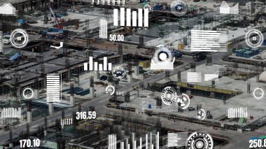 Otomasyon konseptini ve uzaktan kablosuz makine kontrolünü gösteren bir bilgisayar yazılımında fütüristik HUD kullanarak inşaat teknolojisi konsepti üzerinde değişiklik grafiği içeren konsept .