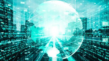 Fütürist küresel ağ ve dijital veri transferi 3D grafik. Yeni bilgi çağındaki küresel eğilimleri değiştiren akıllı dijital dönüşüm ve teknoloji bozulması kavramı .