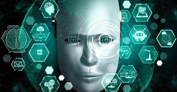 Robot Hominoid Twarz Zbliżyć Graficzną Koncepcją Myślenia Mózgu Sztuczna Inteligencja — Zdjęcie stockowe
