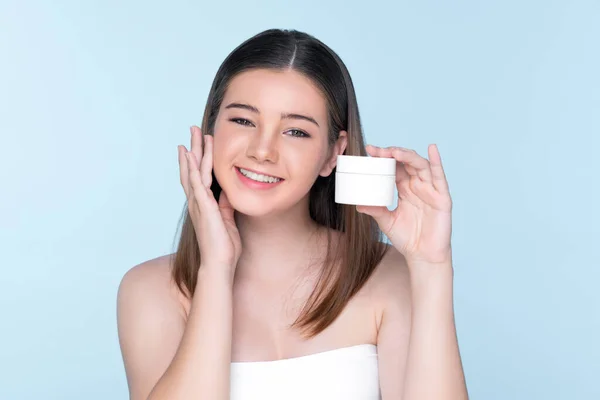 Young Charming Girl Natural Beauty Perfect Smooth Skin Hold Lotion — Stockfoto