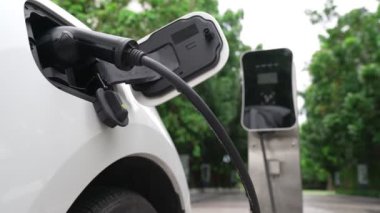 Elektrikli araba parkı ve şarj istasyonunun yanında şarj edilen enerji konseptinin sürdürülebilirliği. Çevresel koruma için yenilenebilir enerji tarafından kullanılan elektrikli araç.