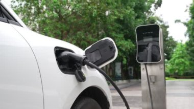 Elektrikli araba parkı ve şarj istasyonunun yanında şarj edilen enerji konseptinin sürdürülebilirliği. Çevresel koruma için yenilenebilir enerji tarafından kullanılan elektrikli araç.