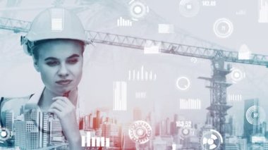 Gelecekteki bina inşaatı ve HUD hologram grafik tasarımı ile yaratıcı mühendislik projesi konsepti. İnşaat mühendisi, mimar ya da inşaat işçisi modern sivil teknoloji ile çalışıyor..