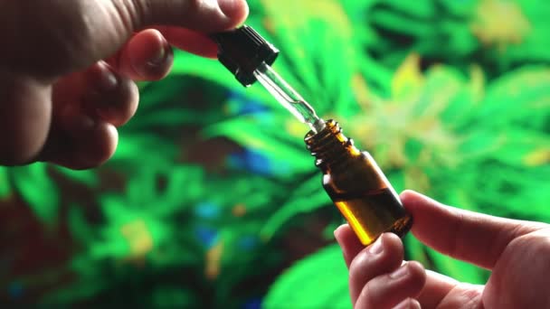Closeup Hand Vasthouden Fles Olieachtige Cannabis Het Gebruik Van Druppelaar — Stockvideo