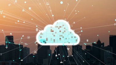 Bulut hesaplama teknolojisi ve veri paylaşımı için çevrimiçi veri depolama. Bilgisayar, bulut veri transferi için internet ağ sunucu servisine bağlanır ve 3B fütürist grafik arayüzünde gösterilir .