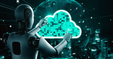AI robot huminoid uses cloud computing technology to store data on online server . Futuristic concept of cloud information storage analyzed by machine learning process . 3D rendering .
