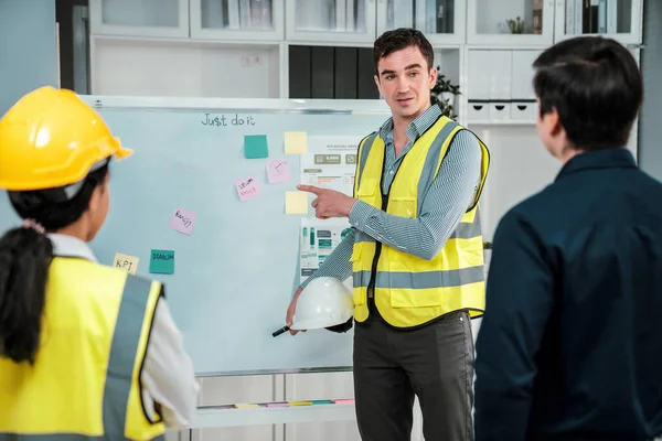 A team of investor and competent engineers brainstorming on the whiteboard to find new ideas and making plans. The idea of a team gather ideas together.
