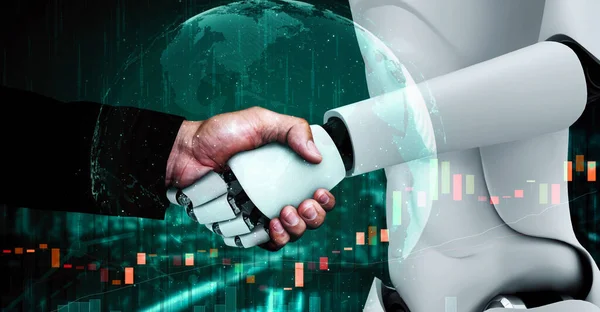 3D rendering hominoid robot handshake with stock market trading chart showing buy and sell decision by AI thinking brain, artificial intelligence and machine learning process.