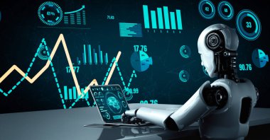 Future financial technology controll by AI robot huminoid uses machine learning and artificial intelligence to analyze business data and give advice on investment and trading decision . 3D rendering .