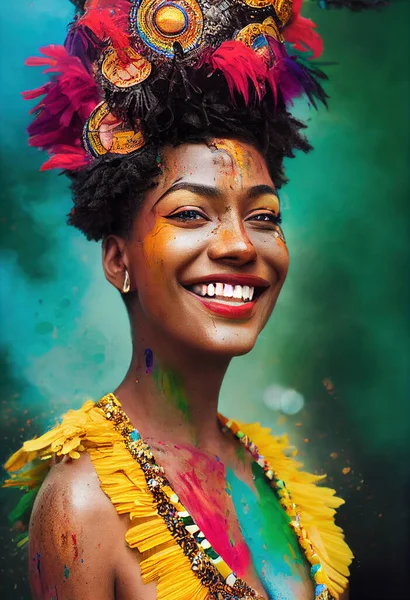Splendid digital art generative AI portrait of beautiful young girl smiling covered in colorful dust from the Holi festival. Portrait of ebony Brazilian with vivid and vibrant color splashing.