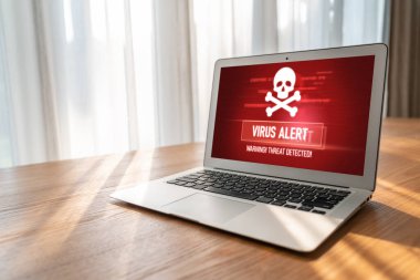 Bilgisayar ekranındaki virüs uyarısı mobil siber tehdit, hacker, bilgisayar virüsü ve kötü amaçlı yazılım tespit edildi