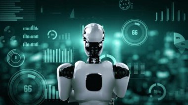 Future financial technology controll by AI robot huminoid uses machine learning and artificial intelligence to analyze business data and give advice on investment and trading decision . 3D rendering .