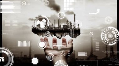 Geleceğin fabrikası ve yaratıcı grafik tasarımında yaratıcı enerji endüstrisi konsepti. Petrol, gaz ve petrokimyasal rafineri fabrikası. Hologramı yeni nesil enerji ve enerji sektörünü gösteriyor..