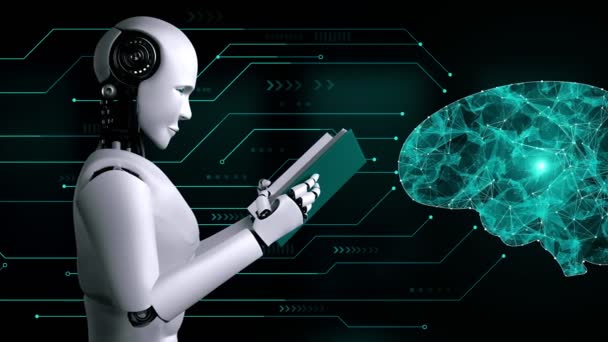 Renderowanie Robotów Hominoid Czytania Książki Koncepcji Przyszłej Sztucznej Inteligencji Czwartej — Wideo stockowe