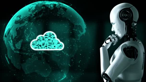 Robot Huminoid Uses Cloud Computing Technology Store Data Online Server — стоковое видео