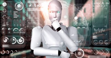 Yapay zeka hominoid robotunun hologram ekranını analiz etmesi, makine öğrenme süreciyle yapay zeka kullanarak büyük veri analizi yaptığını gösteriyor. 3B görüntüleme.