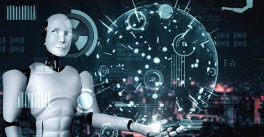 Futuristic robot artificial intelligence huminoid AI for industrial factory technology development and machine learning concept. robotic bionic science research for future of human life. 3D rendering.