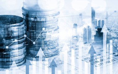 Finans ve para teknolojisi iş refahı ve varlık yönetimi kavramı. Yaratıcı grafik, refah karı elde etmek için değerli varlıklara yatırım yaparak ekonomi ve mali büyümeyi gösteriyor .
