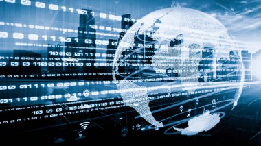 Çevrimiçi trafik kontrol sistemi olan sessiz ve fütürist bir şehirde akıllı ulaşım. Yeni bilgi çağındaki küresel eğilimleri değiştiren akıllı dijital dönüşüm ve teknoloji bozulması kavramı .