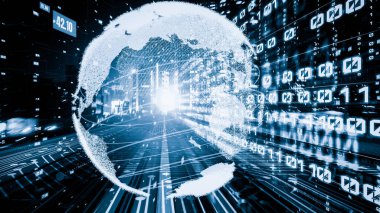 Fütürist küresel ağ ve dijital veri transferi 3D grafik. Yeni bilgi çağındaki küresel eğilimleri değiştiren akıllı dijital dönüşüm ve teknoloji bozulması kavramı .