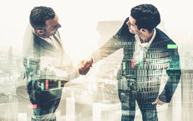 Ekonomik refah ve para teknolojisinin varlık geçmişi üzerine iş tokalaşması. Değerli borsaya yatırım yaparak ekonomik ve finansal büyüme ile refah kar birimi ticareti elde edilir