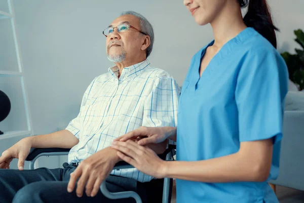 Caring Nurse Contented Senior Man Wheel Chair Home Nursing House — Fotografia de Stock