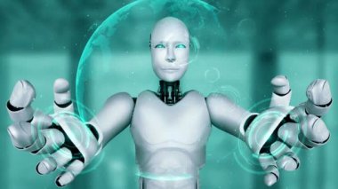 AI hominoid robot holding virtual hologram screen showing concept of big data analytic using artificial intelligence thinking by machine learning process. 3D rendering.