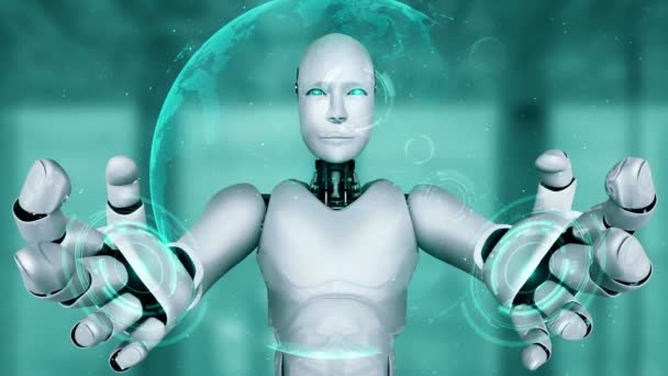 Hominoid Robot Holding Virtual Hologram Screen Showing Concept Big Data — Video