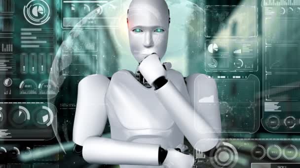 Pensando Robô Hominóide Analisando Tela Holograma Mostrando Conceito Big Data — Vídeo de Stock