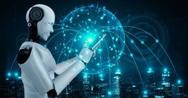 Robot hominoidler küresel ağ bağlantısı için yapay zeka, yapay zeka ve 4. endüstriyel devrim için makine öğrenme yöntemlerini kullanarak cep telefonu veya tablet kullanıyorlar. 3B görüntüleme.