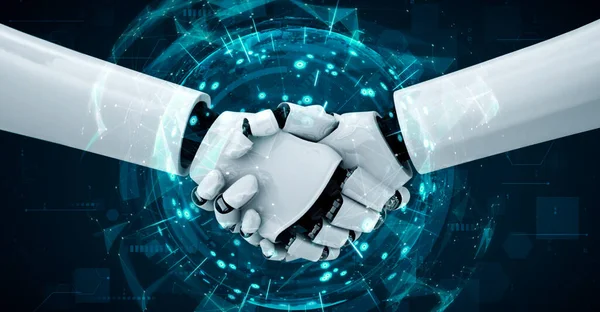 Rendering Hominoid Robot Handshake Collaborate Future Technology Development Thinking Brain — Stock Photo, Image