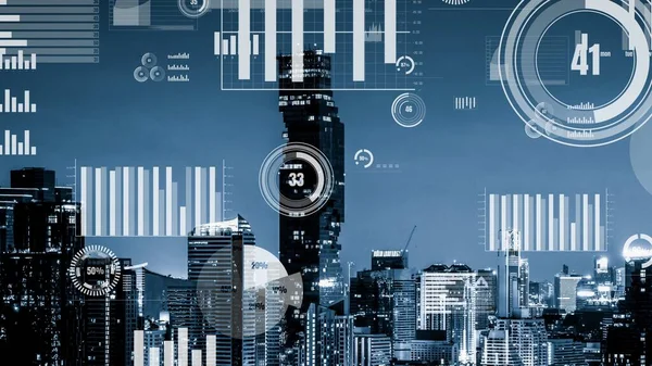 Geschäftsdaten Analytische Schnittstelle Fliegen Über Smart City Zeigt Veränderung Zukunft — Stockfoto