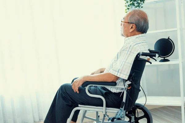 Portrait Contented Elderly Man Sitting Wheelchair Home Senior Person Nursing — Foto de Stock