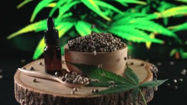 Kenevir tohumları kasedeki marihuana tohumu yığınına düşüp zıplıyor ve kenevir bitkisinin arka planında yakın plan çekimleri yapıyor. Tıbbi ürün için yasallaştırılmış kenevir tohumu ve kenevir CBD yağı