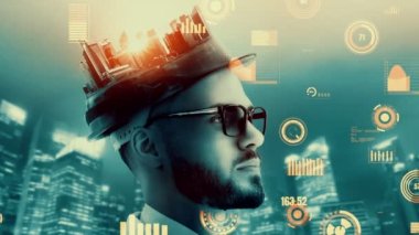 Gelecekteki bina inşaatı ve HUD hologram grafik tasarımı ile yaratıcı mühendislik projesi konsepti. İnşaat mühendisi, mimar ya da inşaat işçisi modern sivil teknoloji ile çalışıyor..