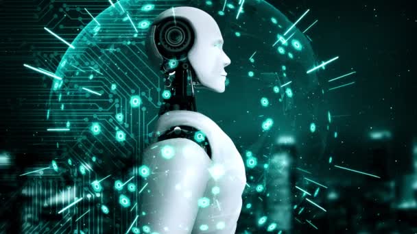 Hominoid Robot Tittar Hologram Skärm Visar Begreppet Kommunikation Nätverk Analytisk — Stockvideo