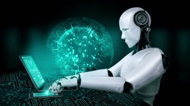 Robot hominoidler, 4. Sanayi Devrimi için yapay zeka, yapay zeka ve makine öğrenme yöntemlerini kullanarak küresel ağ bağlantıları için masada oturuyorlar. 3B görüntüleme.