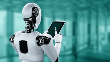 Büyük veri analizi için tablet bilgisayar kullanan robot insansı yapay zeka, yapay zeka ve 4. endüstriyel devrim için makine öğrenme yöntemlerini kullanıyor. 3B görüntüleme.