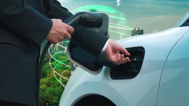 Progresivní Zelené Město Esg Symbol Pozadí Elektrickým Vozidlem Obchodník Dobíjet — Stock video