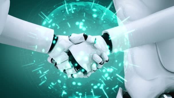 Rendering Hominoid Robot Handshake Collaborate Future Technology Development Thinking Brain — Video Stock