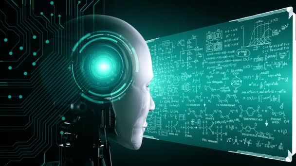 Humanoid Robot Nézi Hologram Képernyő Koncepció Matematikai Számítás Tudományos Egyenlet — Stock videók