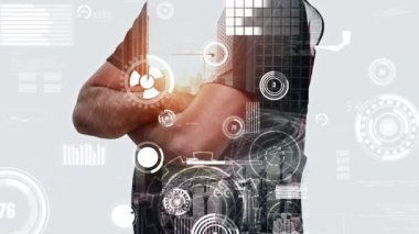 Gelecekteki bina inşaatı ve HUD hologram grafik tasarımı ile yaratıcı mühendislik projesi konsepti. İnşaat mühendisi, mimar ya da inşaat işçisi modern sivil teknoloji ile çalışıyor..