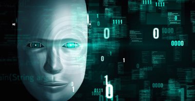 Futuristic robot artificial intelligence huminoid AI programming coding technology development and machine learning concept. Robotic bionic science research for future of human life. 3D rendering.