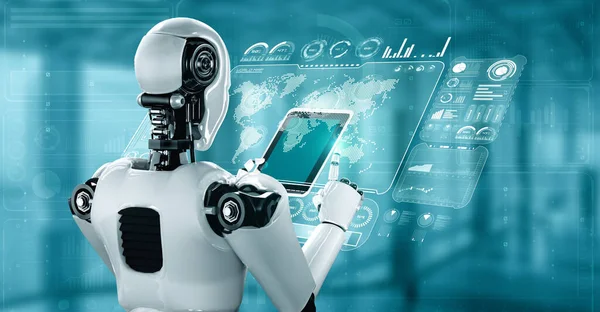 Robot Hominoid Med Hjälp Surfplatta För Big Data Analytics Med — Stockfoto