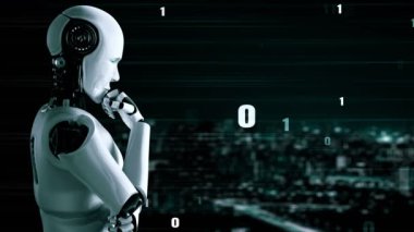 Futuristic robot artificial intelligence huminoid AI programming coding technology development and machine learning concept. Robotic bionic science research for future of human life. 3D rendering.