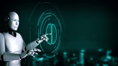 AI hominoid robot touching virtual hologram screen showing concept of big data analytic using artificial intelligence thinking by machine learning process. 3D rendering.