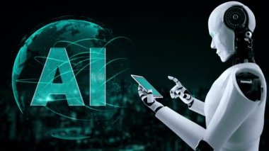 Robot hominoidler, 4. Sanayi Devrimi için yapay zeka ve makine öğrenme süreci kavramında cep telefonu veya tablet kullanırlar. 3B görüntüleme.