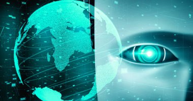 Futuristic robot artificial intelligence huminoid AI data analytic technology development and machine learning concept. Global robotic bionic science research for future of human life. 3D rendering.