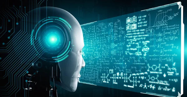 Hominoid Robot Looking Hologram Screen Concept Math Calculation Scientific Equation — Stock Photo, Image