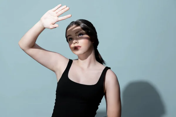 Young Charming Caucasian Teenager Girl Clean Fresh Skin Posing Pointing — Foto de Stock